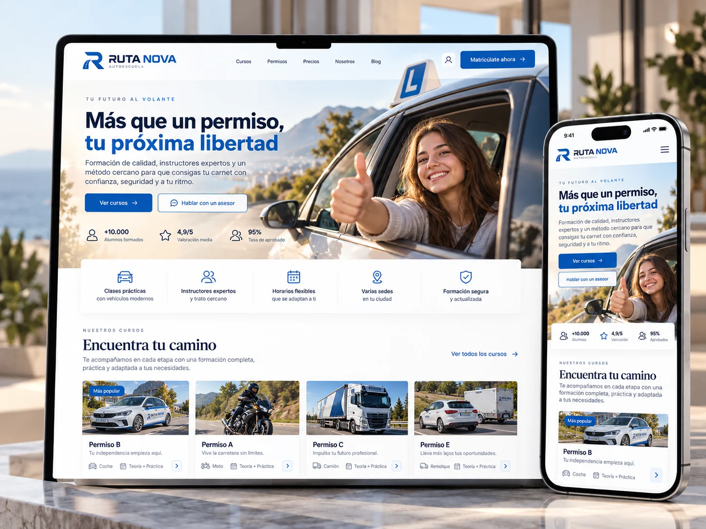 Diseño de página web para autoescuela Ruta Nova, vista en ordenador y móvil