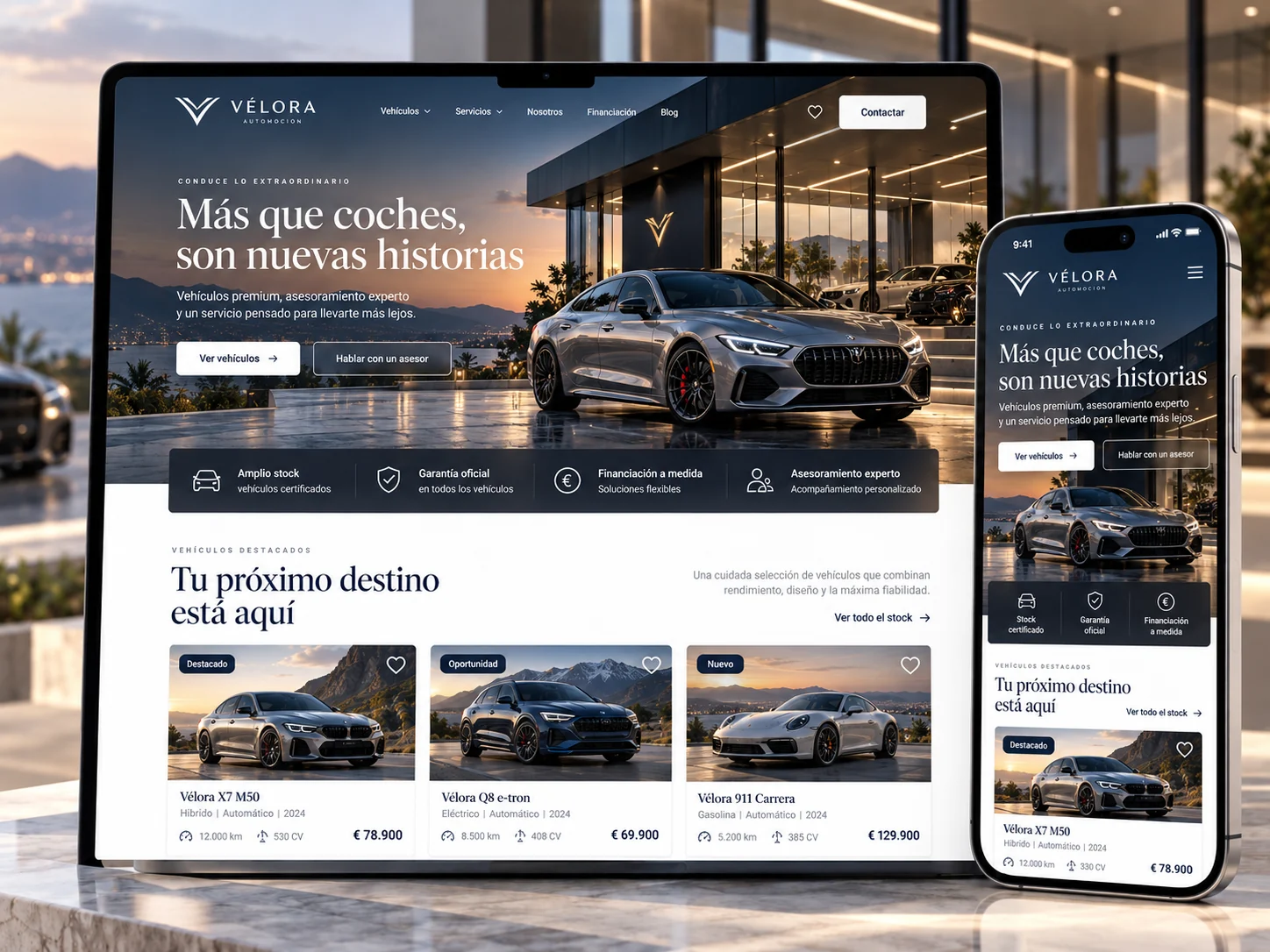 Diseño de página web para automoción Vélora, vista en ordenador y móvil