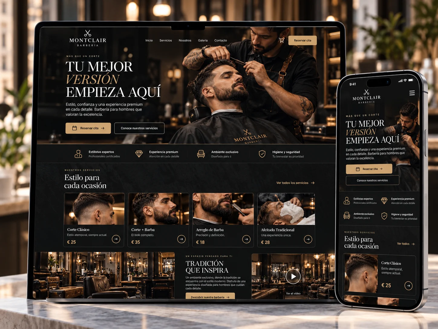 Diseño de página web para barbería Montclair, vista en ordenador y móvil