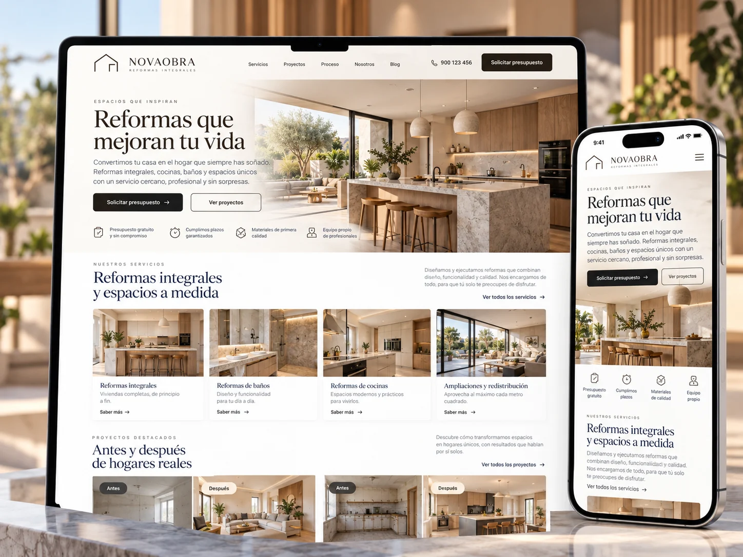 Diseño de página web para reformas Novaobra, vista en ordenador y móvil